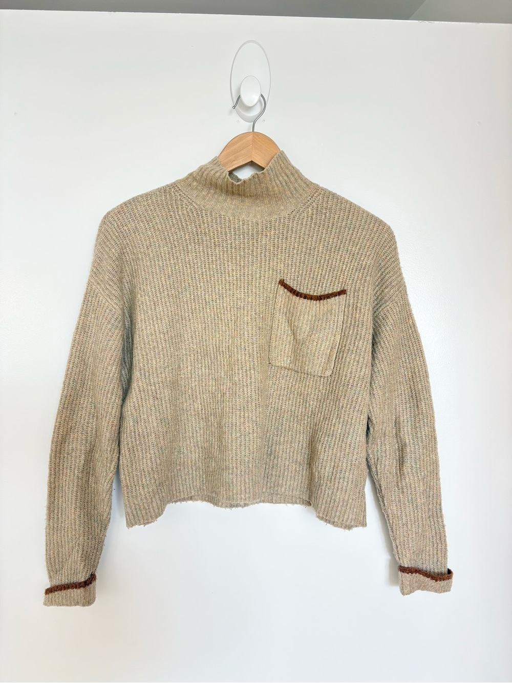 American Eagle Outfitters Beige Cropped Mock Neck Sweater with Brown Trim